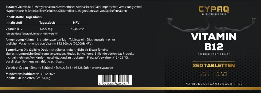 CYPAQ Vitamin B12 Premium - 350 vegane Tabletten für 6 Monate - 500µg Vitamin B12 pro Tagesdosis - hochdosiert, ohne unnötige Zusätze - in Deutschland produziert