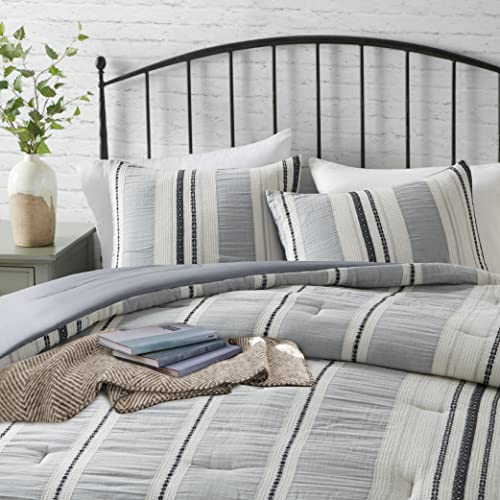 Hyde Lane Tahoe Farmhouse Bedding Set ,Blue Modern King Size Comforter,Cotton Top With Neutral Rustic Style Stripes, Boho Bedroom Bed Sets,3-Pieces Including Matching Pillow Shams(104X90 Inches) #TOP3