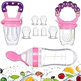 Gedebey Baby Food Feeder, Pacifier Fruit- Fresh Silicone Bottle Squeeze Spoon Frozen Fruit Pacifiers Nibbler Cover Newborn with Meshes Sizes for Baby Food Spoon (Pink)