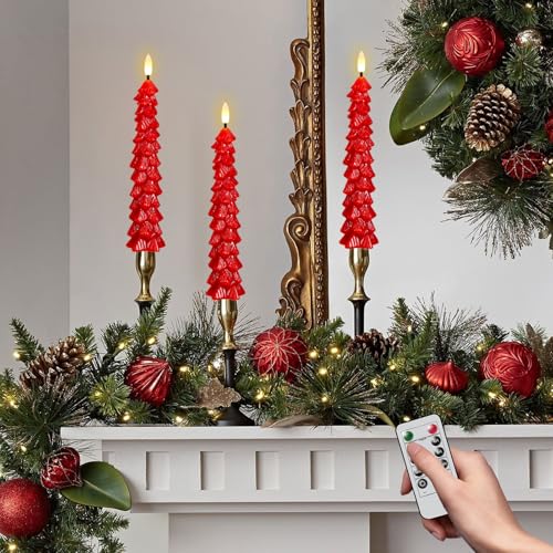 Image of Christmas Tree Candles Battery Operated, Red Christmas Flameless Taper Candles with Remote Timer, Set of 3 Waxy 9.8 Inch LED Tree Candlesticks for Xmas Home Holiday Window Winter Decor