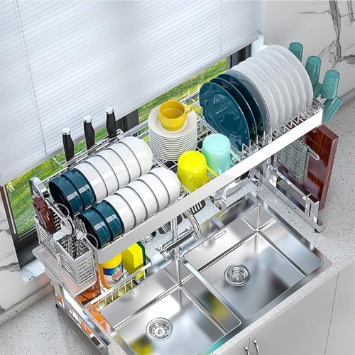 Escurreplatos Grande de Acero Inoxidable para Colocar sobre el Fregadero. Ahorra Espacio y Ofrece Amplio Almacenamiento una organización eficiente(64x32 83cm).