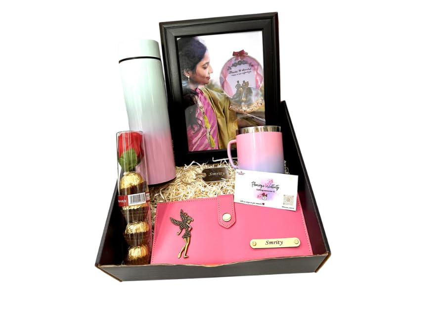 Hampers for Her |Women Wallet (with Your Name/Color and Charm)|Frame 8X6|Metal Keychain|Temperature Water Bottle|Custom Coffee Mug|Chocolate Rose|Wishing Card, Gift Set-image-47