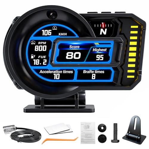 Heads Up Display for Cars OBD2+GPS Dual System Speedometer with Driving Score & Gesture Control OBD2 Gauge Display with Tachometer Water Temp Volt Overspeed & Fatigue Driving Alarm