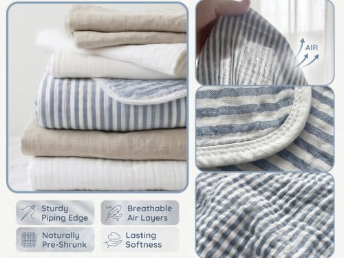 Image of Ultra Soft 6-Layer Cotton Muslin Baby Blanket 41 inchx41 inch Breathable Lightweight Swaddle Blankets for Baby Boys Toddlers Newborn Birthday Gift Blue Striped Jacquard