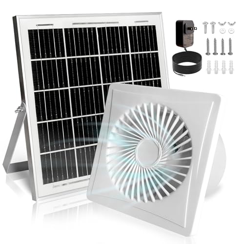 Solar Exhaust Fan, 25W Solar Panel + 8' Ventilation Vent Fan, with Power Adapter, Anti-backflow Valve, High Speed Solar Powered Exhaust Fan for Shed, Chicken Coop, Greenhouse, Dog House (White)