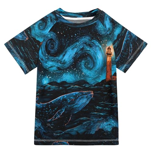 Boys Short Sleeve T-Shirts Starry Night Lighthouse Rashguard Kids Swim Shirts Sun UPF 50+