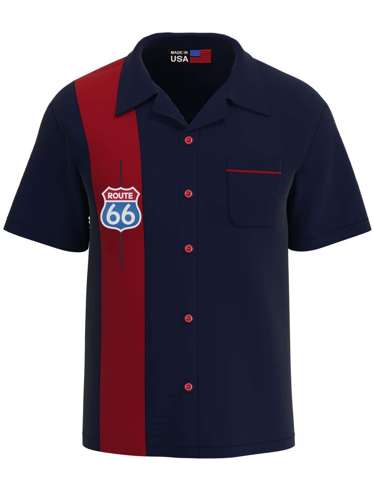 Route 66 Shirt ~ Retro USA Made Hot Rod 50s Navy Red Bowling Shirt