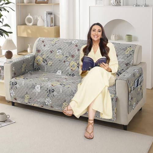 Image of HOKIPO 'VivaCasa Series' Polyester 2 Seater Quilted Sofa Cover with Pockets, Floral Ash Grey (NEW2-IN-739-D3)