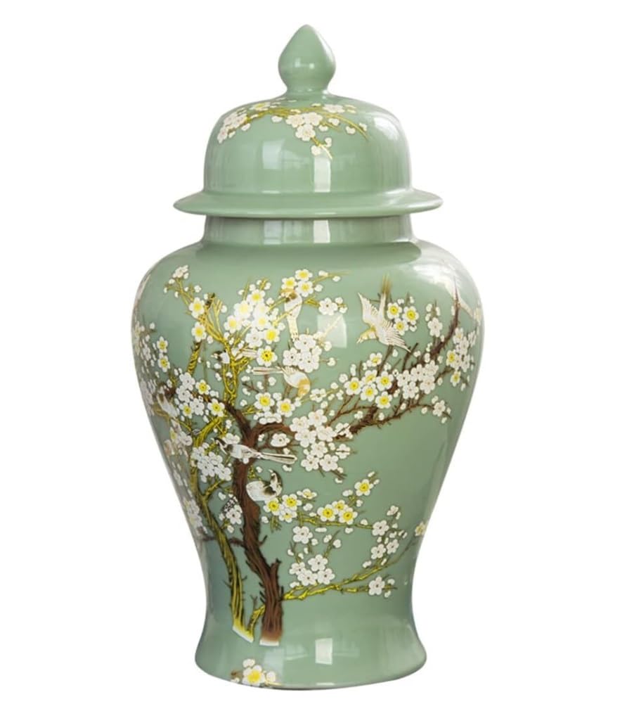 SBJKLYRN ceramic jar， Green Ceramic Ginger Jar with Lid for Home Decor Traditional Chinese Trees and Flowers Temple Jar Temple Jar(19 * 37cm)
