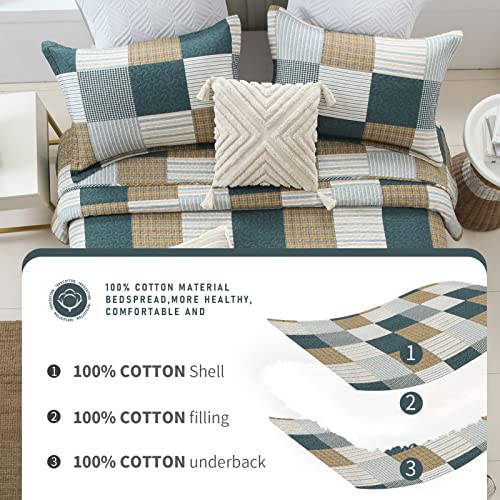 Finlonte Quilts Queen Size Sets, 100% Cotton Lightweight Queen Quilt Set, Green Tan White Plaid Patchwork Quilted Bedspread, Reversible Soft Queen Size Quilt Bedding Set All Season, 3-Pieces #TOP5