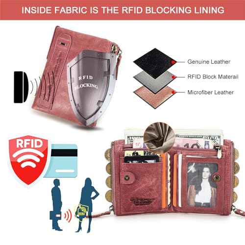 CONTACTS Soft Leather Wallet for Women Small Bifold Coin Purse Double Zipper Card Holder with RFID Blocking (Rose Tan)4