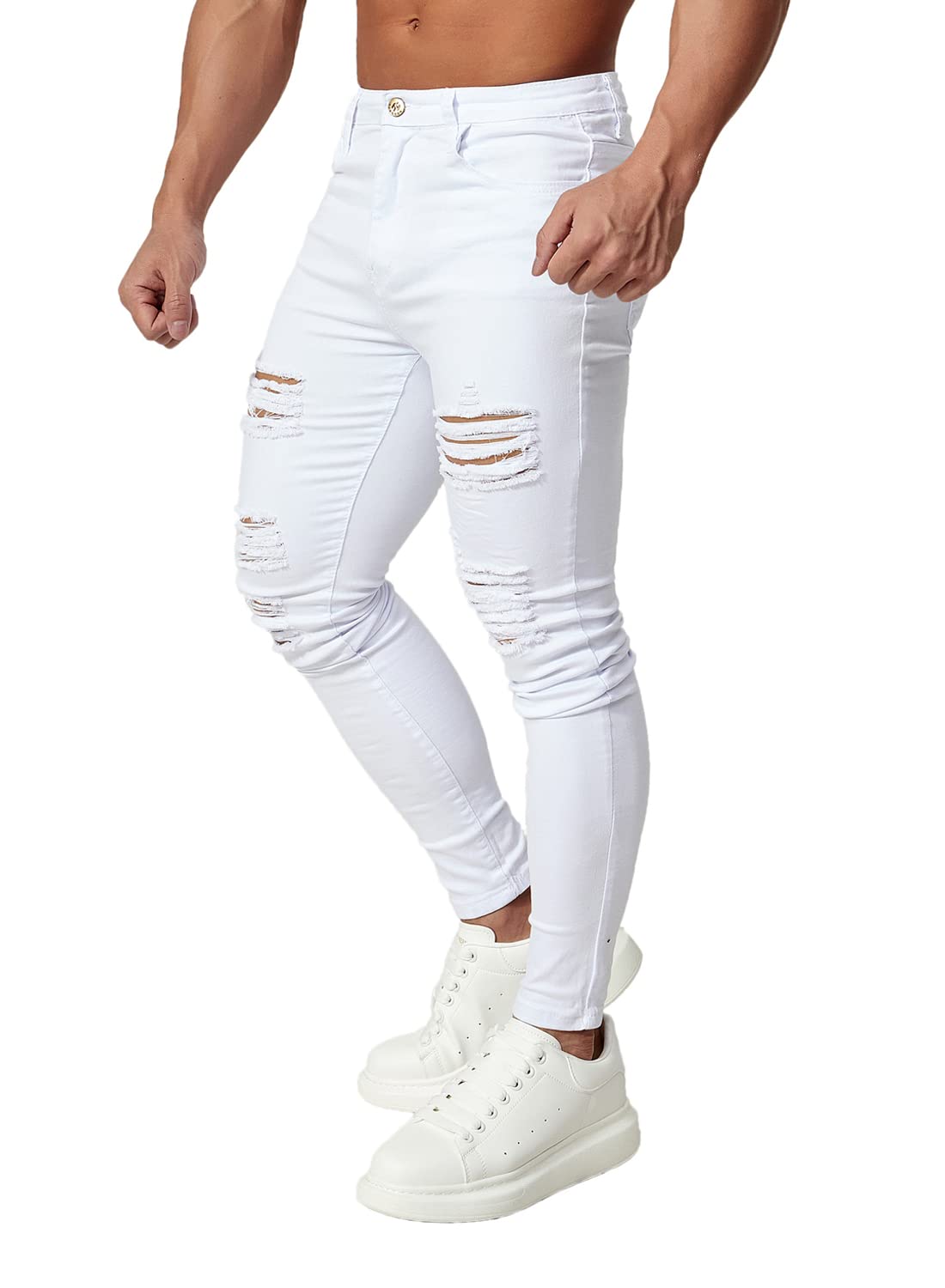 HUNGSON Herren Skinny Slim Fit Ripped Distressed Stretch Jeans Hose, Whiterip, 54