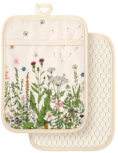 Slohif Silcone Flower Pot Holders for Kitchen - 100% Cotton Beige Cute Oven Potholders with Pockets...