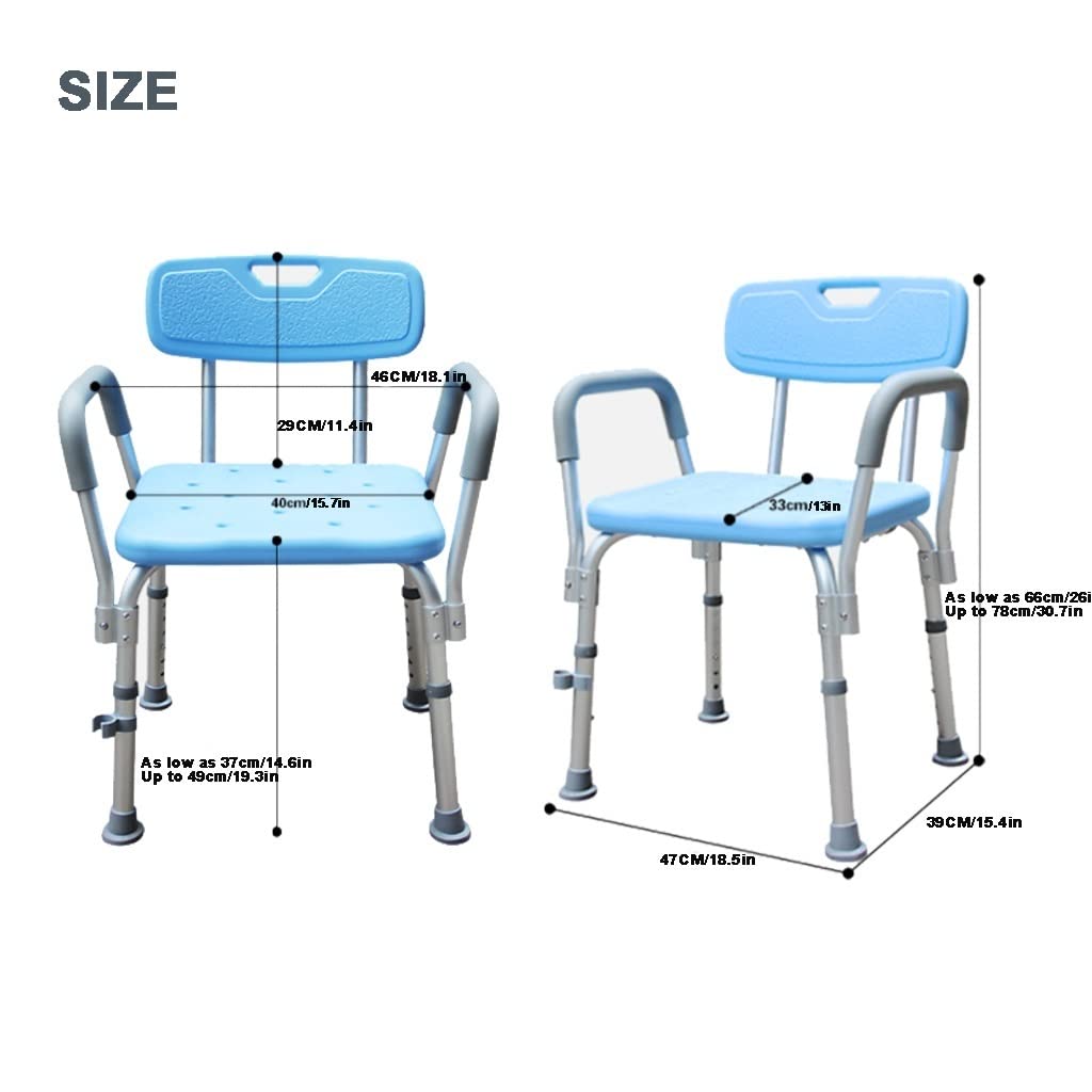 Taburete de ducha antideslizante de alta resistencia azul con respaldo, reposabrazos, silla de ducha de baño, taburete de ducha rectangular ajustable de aluminio for personas mayores, embarazadas, per