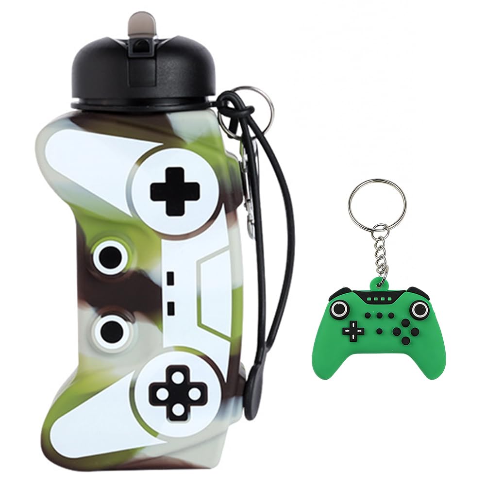 JynkChrenzic Water Bottle & Keychain Gift,Game Drinking Bottle,550 ml Water Bottles Silicone for School Leakproof Reusable BPA Free for Girls and Boys Drinks (Camouflage)