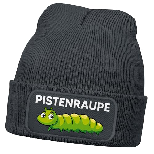 MoonWorks Herren Beanie mit Patch Strickmütze mit Spruch Skifahren Aufdruck Pistenraupe Lustig Mütze Männer Dunkelgrau Unisize