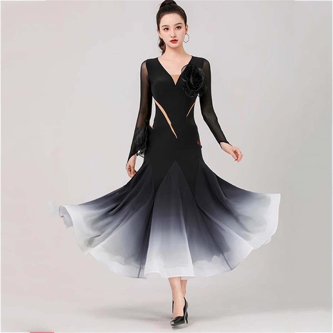 RIKOUZY] 社交ダンス 練習着 ワンピース お花飾り 長袖 社交ダンス衣装