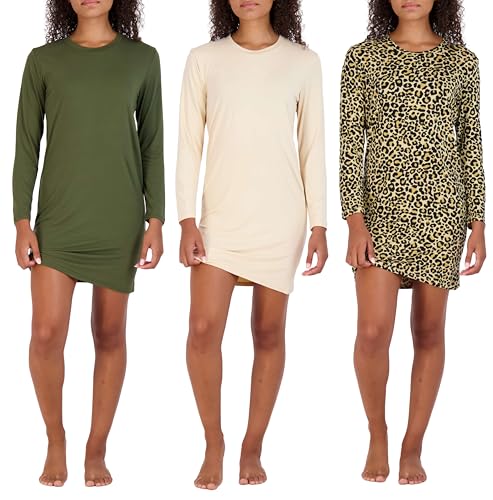 Real Essentials 3 Pack: Ultra-Soft Night Shirt for Women Long Sleeve Sleep Shirt Nightgown (Available in Plus Size)