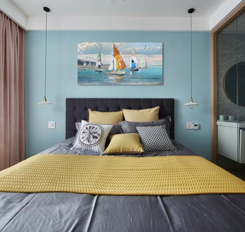 Ardemy Sailboat Wall Art Blue Abstract Canvas Art Ocean Pictures Wall Decor Large Coastal Paintings Nautical Textured Artwork for Walls Living Room Bedroom Home Office,48"x24" - Image 3