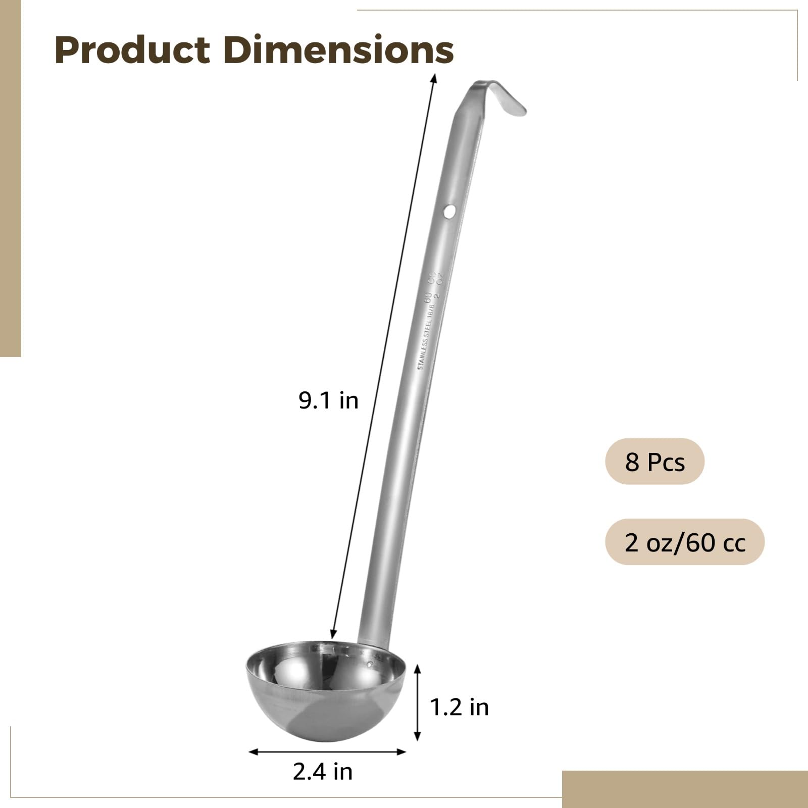 Lot de 8 louches à soupe, 2 oz en acier inoxydable avec longues poignées, louches solides avec crochet pour servir la soupe, mesure précise, design antidérapant pour cuisine, hôtel et restauration