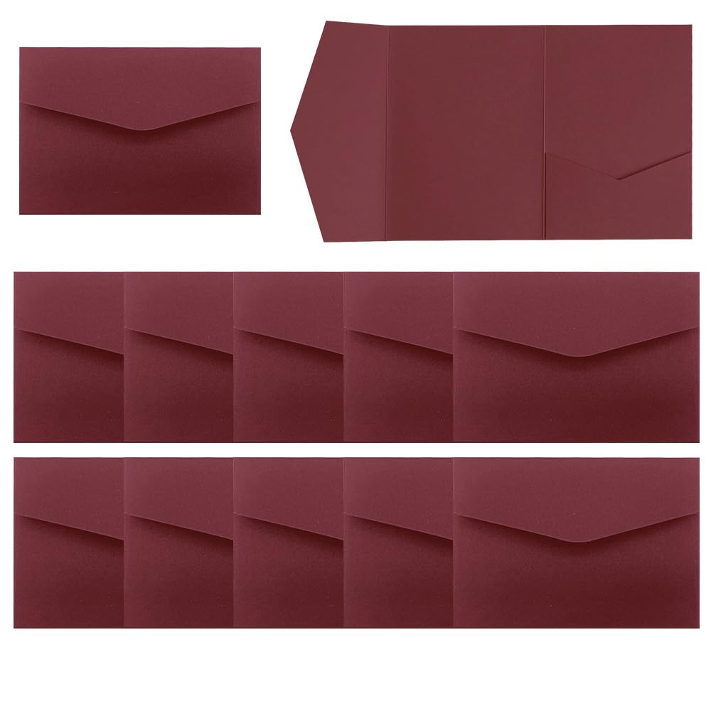 WYAN 12 Sets Burgundy Envelope, Wedding Invitation Card Pocket with Envelop, Tri-fold Wedding Invitation for Wedding Cards Bridal Shower Engagement Birthday Graduation Business Invitations
