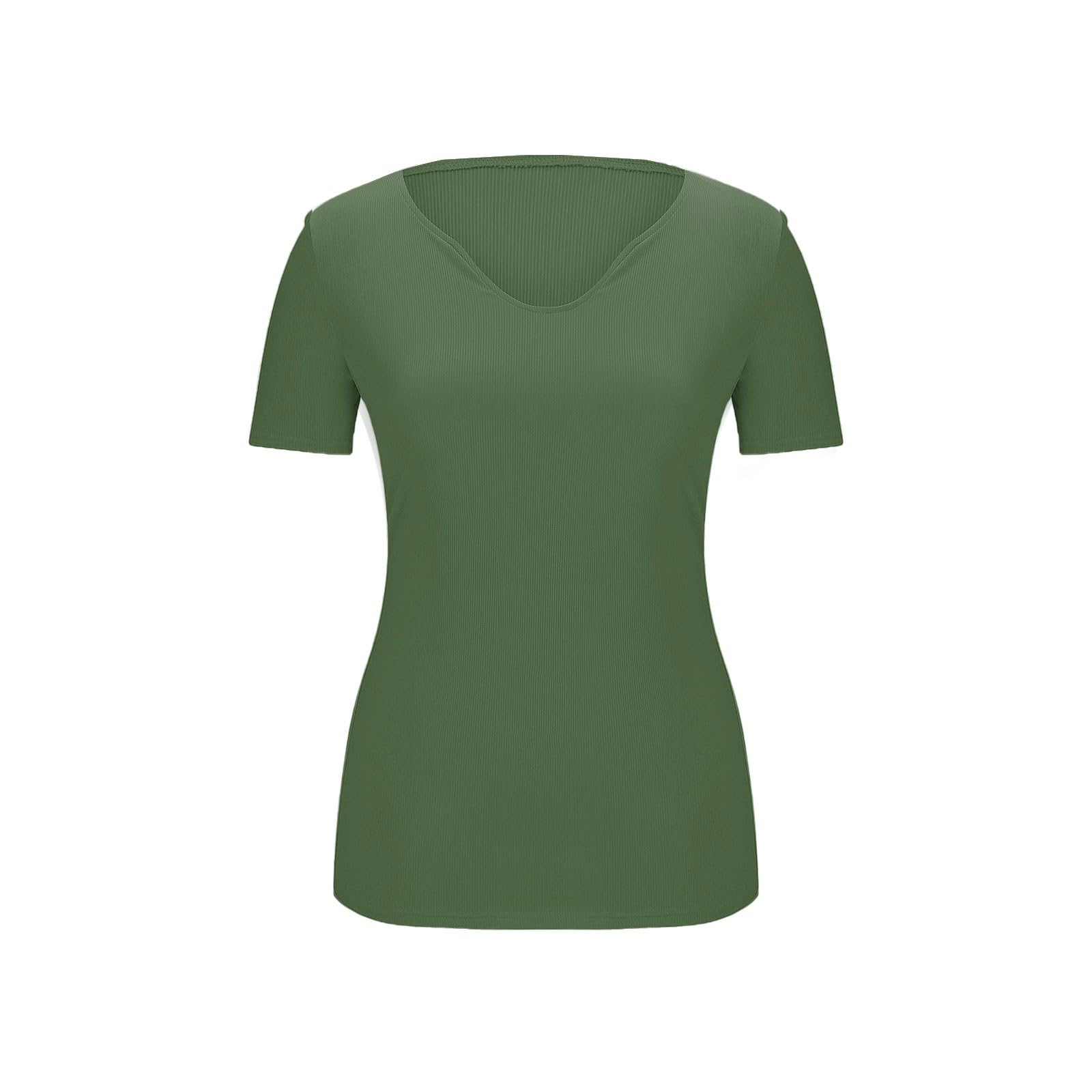Camiseta para mujer con sujetador integrado sin costuras cuello de pico manga corta acanalada básica ajustada elástica