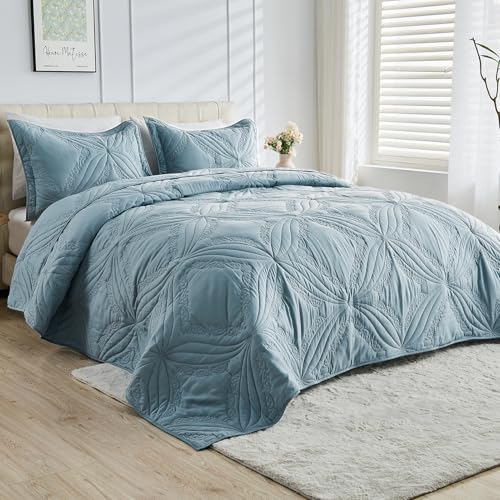 Image of Kingnex Oversized King Bedspreads 128x120 for Tall King or Cal King Bed Ultrasonic Quilted Coverlet Set 3 Piece Include 1 Extra Wide Quilt 2 Pillowcases Blue