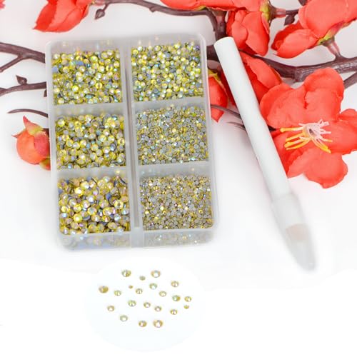Image of Bymitel Hotfix Crystal Rhinestones Round Gems for Crafts,Mixed 6 Sizes with Wax Pencil Kit, Citrine AB 1.3-3.2mm(SS3-SS12 /8000pcs)