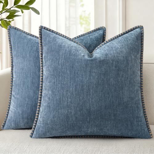 Image of decorUhome Fall Chenille Soft Throw Pillow Covers 24x24 Set of 2, Farmhouse Velvet Neutral Decorative Euro Sham Pillow Covers with Stitched Edge for Couch Sofa Bed Home Decor, Haze Blue