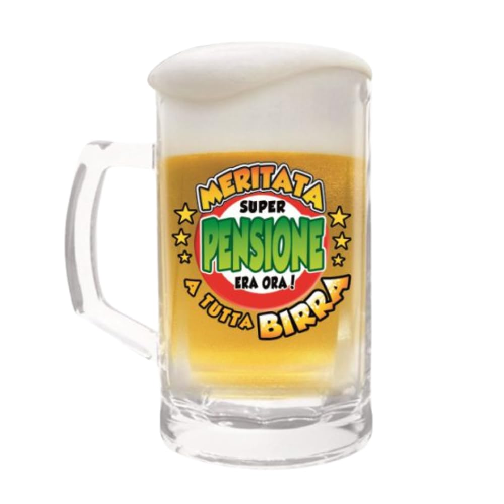 Boccale Birra Pensione in Vetro 500 ml - Caraffa Regalo Pensionato “Meritata Super Pensione Era Ora! A Tutta Birra” - Regalo Pensione Uomo - Gadget per Pensionamento