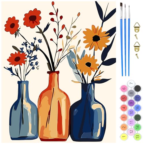 MXJSUA Dipingere con i Numeri per Adulti Principianti, Paint by Numbers Kit Fai da Te Olio La Pittura di Numeri Kit Decora la casa Regalo, 40 x 50cm Senza Cornice, Vasi Di Vetro Con Fiori