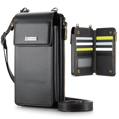 CaseMe Bolsa Transversal Feminina com Bloqueio RFID, Alça de Ombro, Carteira com Compartimentos para Cartões, Preta, Pequena