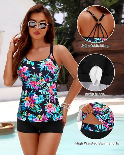 Image of Yonique Two Piece Tankini Swimsuits for Women with Shorts Tummy Control Bathing Suits Athletic Swimwear