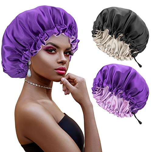 Atudew Satin Bonnet, 2PCS Silk Bonnet, Hair Bonnet for Black Women for Curly Hair Sleeping, Silk Sleeping Cap, Satin Sleep Cap, Satin Night Cap, Hair Cap for Sleeping, Sleep Bonnet, Adjustable