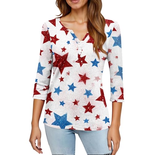 Image of 4th of July Shirts Women 3 /4 Length Sleeve Womens Tops Henley Neck Casual Patriotic T Shirts