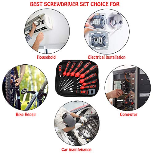 HXSNEW Magnetic Screwdriver Set 10 PCS,5 Phillips and 5 Flat Head Screwdriver Non-Slip for Repair Home Improvement Craft (Red)