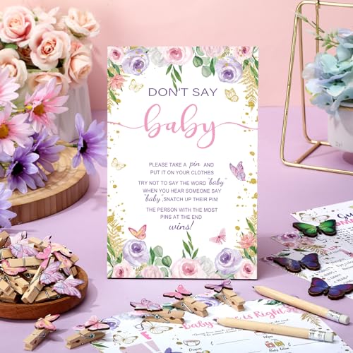 Image of Patelai 321 Pcs Butterfly Baby Shower Decorations a Little Butterfly Is on The Way for Baby Shower Party Bingo Games Don't Say The Word for Pink Purple Gender Reveal Game Birthday Party Decor Supplies
