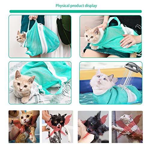 Image of Adjustable Multifunctional Anti-Bite Cat Shower Bag, Mesh Cat Bathing Bag Set, Grey and Green, Care Tools Included