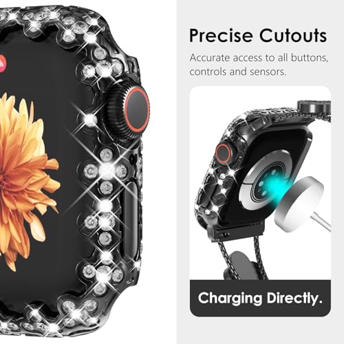 Wingle Bling Case Bumper for Apple Watch Series 11 10 42mm Case Cover, 4 Leaf Clover Lace Edge Diamond Crystal Rhinestone Protective Face Cover Hard PC Frame Protector iWatch 11 10 Cases 42 mm, Black - image 4