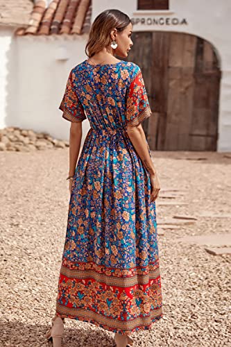 Prettygarden Women's Casual Summer Boho Floral Print Dress V Neck Short Sleeve High Waist Long Maxi Beach Dresses (A-Blue,Large) #TOP3