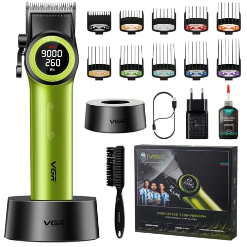 VGR 001 Cortapelos Profesional para Hombre, Inalámbrico Maquina de Cortar Pelo para Barbería, Cuchillas de Cerámica Cortadora de Pelo, 9000 RPM, Pantalla Digital LED, Cuerpo de Metal, Verde
