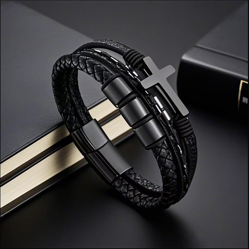 Multi-Layer Braided Leather Bracelets Mens Cross Leather Bracelet Wristband Religious Leather Bracelets Men Customized Gifts - Image 3