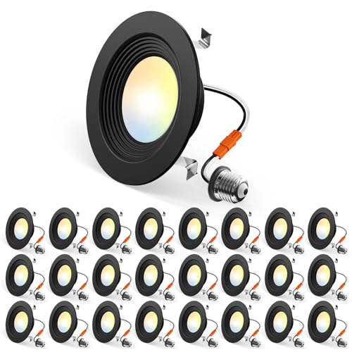 Amico 24 Pack 4 inch 5CCT LED Recessed Lighting Dimmable 8.5W=60W 650LM 2700K/3000K/4000K/5000K/6000K Selectable Retrofit Can Lights with Baffle Trim IC Rated - ETL & FCC Black