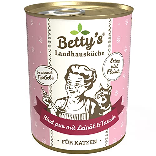 Betty's Landhausküche Dose Nassfutter Katze, getreidefrei, beste Qualität, hochwertiges Fleisch, schonend gegart, für alle Katzenrassen geeignet, Rind pur mit Leinöl 6 x 400 g