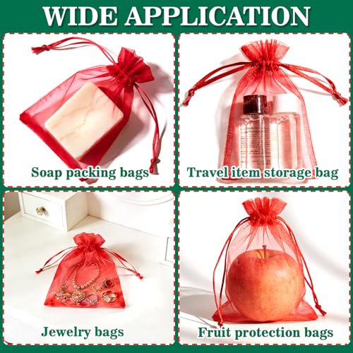 Image of Sukh Red Organza Bags 5''x7'' - 100pcs Sheer Mesh Drawstring Bags for Jewelry, Soap, Fruits, Candy, Small Gift Bags for Weddings, Valentine's Day, Mother's Day, Halloween, Thanksgiving, Christmas