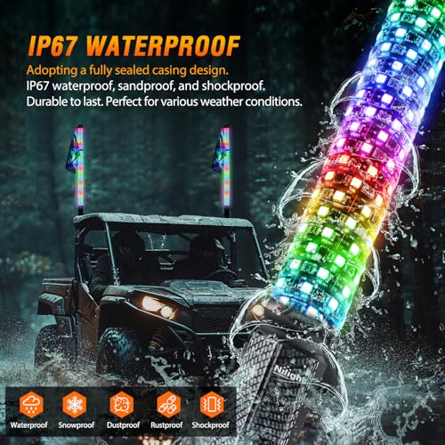 Image of Nilight LED Fat Whip Light 2PCS 3FT RGB Lighted Antenna Whips with Remote & App Control DIY Chasing Patterns Brake Reverse Turn Lights for ATV UTV Polaris RZR Can-am Dune Buggy Pickup Trucks Jeep
