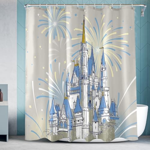 Vehcimbev Blue Cartoon Castle Shower Curtain Fireworks for Girl Bathroom Decor Waterproof Curtain with Hooks for Bathrooms Shower Fabric Showers Curtains Set 72x72Inch