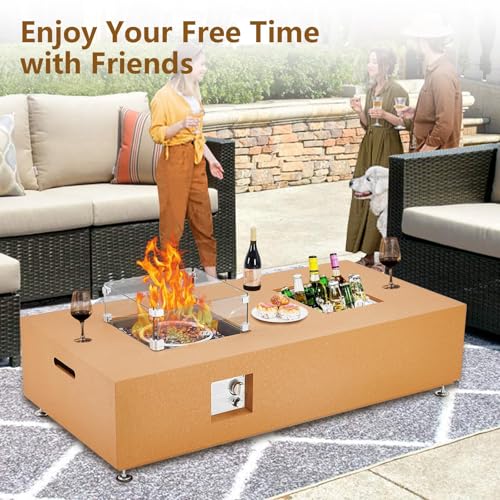 56" Outdoor Fire Pit Table,50000BTU Rectangle Propane Fire Pit with Glass Wind Guard, Lid, Rocks and Rain Cover, CSA Certified Outdoor Propane Gas Fireplace for Deck or Patio
