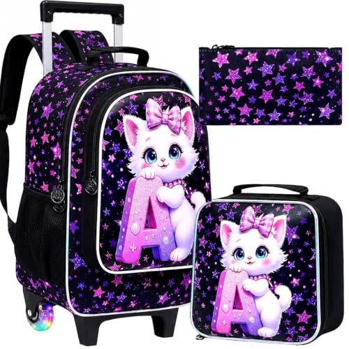 Image of CCJPX 18 inch Cat Rolling Backpack for Girls, 3Pcs Kids Glow Wheels Bookbag with Lunch Box, Lightweight Roller School Bag for Elementary Preschool (Black)