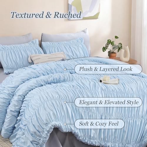 Image of weigelia Cinched Comforter Set Full - Soft Ruched Bedding Set, 3PCS Light Blue All-Season Fluffy Lightweight Comforter with Pillowcases for Bedroom, Apartment & Dorm Decor